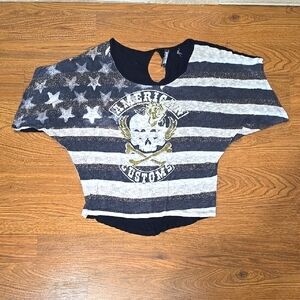 AFFLICTION BLACK PREMIUM CROPPED KEY HOLE STARS STRIPES AMERICAN CUSTOMS SKULL